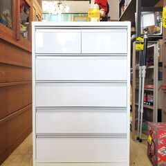 隠しキャスター付き 5段チェスト 引出し6杯 ホワイト 鏡面■幅59.5奥行59.5cm×高さ91㎝■近隣配送無料 買取帝国 朝霞店の画像
