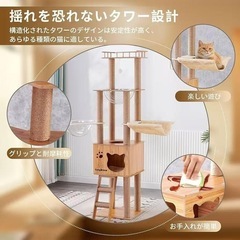 キャットタワー 木製 ハンモック スリムデザイン 大型猫用 老猫や肥満猫、子猫向 の画像
