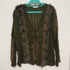 【未使用】レース ファー　カーディガン付きトップス 2点セット グリーン 長袖 ニットの画像