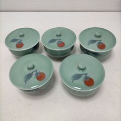 青磁 柿文様 蓋付き小鉢 5客セット 和食器 お茶碗 湯呑み 小鉢 蓋物　 煮物椀 デザート碗 料理屋仕様 来客用 食卓小物　 251107-1Y　の画像