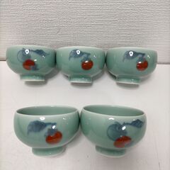 青磁 柿文様 蓋付き小鉢 5客セット 和食器 お茶碗 湯呑み 小鉢 蓋物　 煮物椀 デザート碗 料理屋仕様 来客用 食卓小物　 251107-1Y　の画像