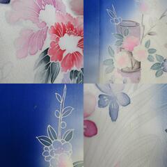 付下げ 袷 青色ｘピンク色ｘ多色 ぼかし染め 花瓶紋様 広衿 正絹 仕立て上がり着物 身丈158cm【中古】 【キモノオフ野々市若松店】の画像