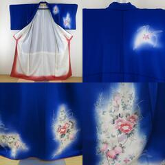 付下げ 袷 青色ｘピンク色ｘ多色 ぼかし染め 花瓶紋様 広衿 正絹 仕立て上がり着物 身丈158cm【中古】 【キモノオフ野々市若松店】の画像