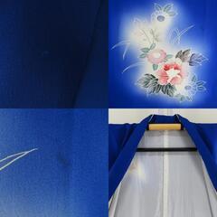 付下げ 袷 青色ｘピンク色ｘ多色 ぼかし染め 花瓶紋様 広衿 正絹 仕立て上がり着物 身丈158cm【中古】 【キモノオフ野々市若松店】の画像