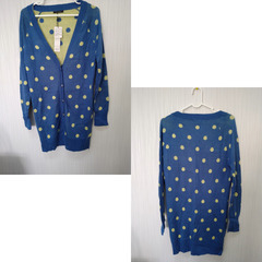 新品未使用 青×黄色 ドット柄 長袖ニットカーディガン Lサイズ レディースの画像