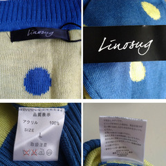 新品未使用 青×黄色 ドット柄 長袖ニットカーディガン Lサイズ レディースの画像