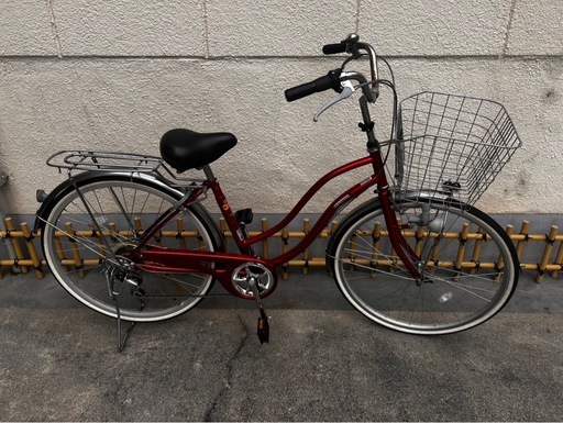 サザンポート　カゴ付き自転車　赤　26インチ　ギア、荷台付き