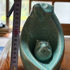 日展彫刻家 三枝惣太郎 申 猿 干支 陶器 置物 グリーン 約17cmの画像