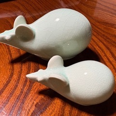干支 ねずみ 親子 置物 陶器 セラミック グリーン 約15cm／約11cmの画像