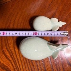 干支 ねずみ 親子 置物 陶器 セラミック グリーン 約15cm／約11cmの画像