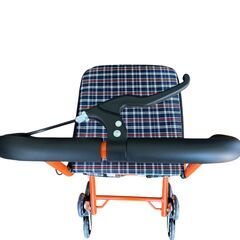 折りたたみ軽量シルバーカー 座面付き 三輪キャリーカート チェック柄 オレンジの画像