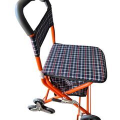 折りたたみ軽量シルバーカー 座面付き 三輪キャリーカート チェック柄 オレンジの画像