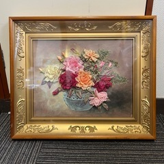 リボンで刺繍された3D絵画　花瓶に入ったバラの花束 バラ インテリア 花　 絵画 額装 薔薇 美術品 真作の画像