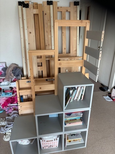 現役ママが考えた 二段ベッド 高弾性マットレス2枚付 階段ラック付き