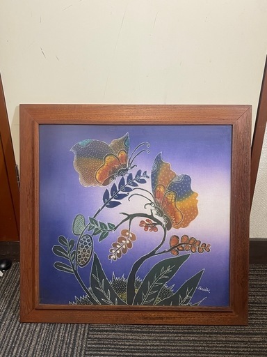 オリジナルバティック絵画　ジョグジャカルタ、ジャワ、インドネシア 花 インテリア 絵画 額装 壁掛け 額縁 真作 額 画
