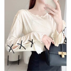 【mily bilet】袖リボンスラブシアージャガードプルオーバーの画像