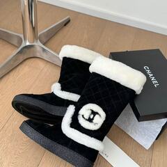 シャネル シャンゼリゼ ムートンブーツ ブラック 白毛 エディション ノワール 正規品の画像