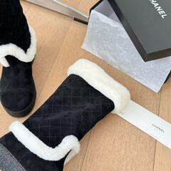 シャネル シャンゼリゼ ムートンブーツ ブラック 白毛 エディション ノワール 正規品の画像