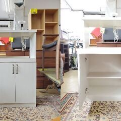 レンジ台 横幅58cm スライドテーブル 2枚扉 棚板可動式 ホワイト レンジボード 食器棚■奥行40cm×高さ106cm■近隣配送無料 買取帝国 朝霞店の画像