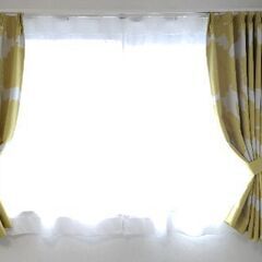 カーテン 4枚セット 幅86×丈125cm 両開き  2級遮光ドレープカーテン&採光レースカーテンセット 花柄 北欧風 黄色 イエロー カレン 形状記憶加工 ウェーブロンプラス 遮像 水玉の画像