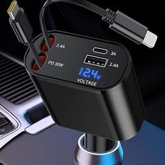 車 充電器 巻き取り式 シガーソケット 4in1 車載充電器 カーチャージャー 急速充電器 PD 3.0 QC3.0 ポート搭載 4台同時充電 電圧計付 DC12/24V車対応 iPhone, Pixel, Galaxy Ultra, Xperia, iPad, AQUOS など対応 (ブラック)の画像