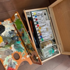 古道具、アンティーク風木箱(絵の具セット)の画像