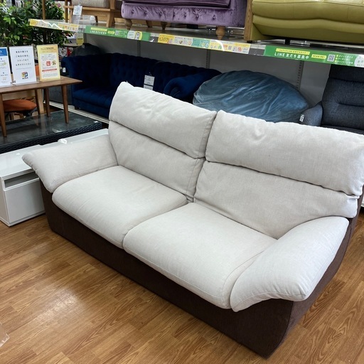 3人掛けソファー 使用感有り ファブリック 程度B ホワイト×ブラウン【取りに来れる方限定】