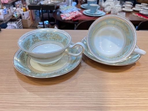 A7141【ウェッジウッド】 コロンビア セージグリーン ピオニー カップ ソーサー 2客