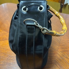 GUCCI グッチ　ブラック ナイロン レザー 巾着バッグの画像