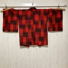 ③【新品未使用】着物 羽織り レトロ チェック 赤 茶色 リメイク の画像