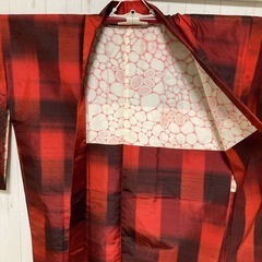 ③【新品未使用】着物 羽織り レトロ チェック 赤 茶色 リメイク の画像