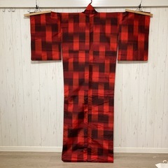 ④【新品未使用】着物 レトロ チェック 赤 茶色 リメイクの画像