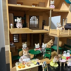 エポック社 シルバニアファミリー　緑の丘のすてきなお家　家具、ネコファミリー、リス親子　レアなシチュー屋さんジュースショップセットの画像