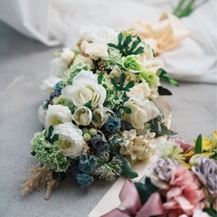 【美品】ウエディングドレス＆タキシードセット　造花ブーケ2種付き 前撮り・フォト婚にもの画像