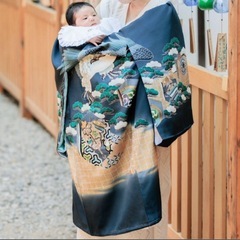 お宮参り　男の子　掛け着　熨斗目　産着　鷹　紺色　青の画像