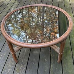 センターテーブル　ラタン　ガラス天板　籐　円卓　直径98cm　高さ55cmの画像