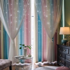 一体型 カーテン 遮光 レース 透かし彫り星 姫系 レインボー プリンセス 星空の画像