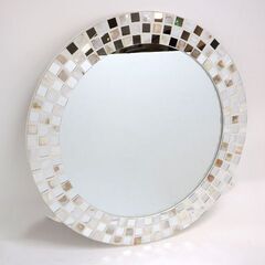 新札幌 Francfranc フランフラン シェルモザイク ウォールミラー 40cm ホワイト系 鏡 壁掛け 円形  / No.3711の画像