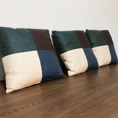 モダンスタイル パッチワーク柄クッション3個セット角型 合皮レザーファブリックカバー 正方形 展示品・アウトレットの画像