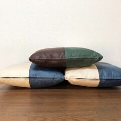 モダンスタイル パッチワーク柄クッション3個セット角型 合皮レザーファブリックカバー 正方形 展示品・アウトレットの画像