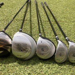 ゴルフクラブ、ボール、ティーのセットの画像