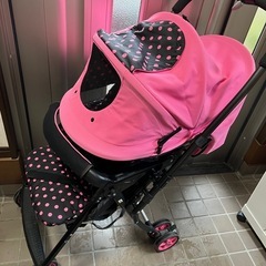【女の子ママオススメ】ベビーカー　ピンク　PRESS ドット柄　美品の画像