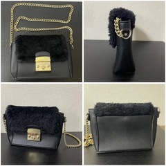 オペークドットクリップ★ファー付きチェーンショルダーバック　黒の画像