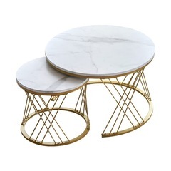 センターテーブル ネストテーブル ローテーブル 入れ子式 天板 大理石調 2個セットサイドテーブルローテーブル 丸 円型テーブル ローテーブル北欧風 一人暮ら 【ホワイト＋ゴールド脚】の画像