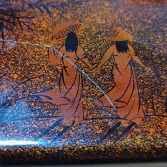 化粧箱 (鏡付) 笠美人画 黒/赤 22.5cm 宝石箱 の画像