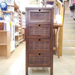 アジアン ガラス天板 スリム 4段チェスト ラタン◆幅35.5㎝×奥行35㎝×高さ85.5㎝◆近隣配送無料 買取帝国 朝霞店の画像