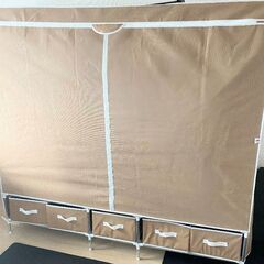 大容量ワードローブ カバー付き  洋服ダンス 引き出し5つ付き クローゼット 帽子 靴 衣類 小物   幅185×奥行45×高さ175cm の画像