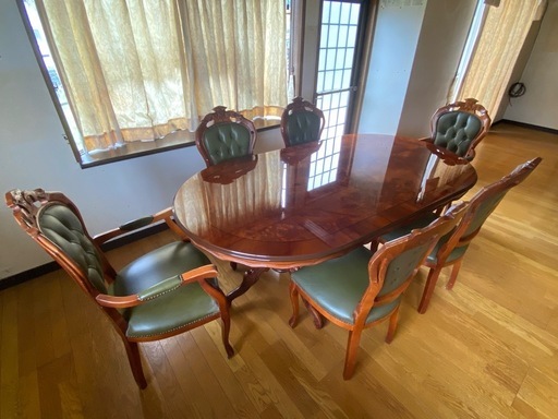 高級アンティーク調 】ダイニングテーブル 木製 彫刻脚 猫脚6脚チェア