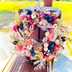 お花と木の実の鳥の巣風リース　ドライフラワー　素材　　　クリスマスリース　キャンドルリース　キャンドル　インテリア　スワッグの画像