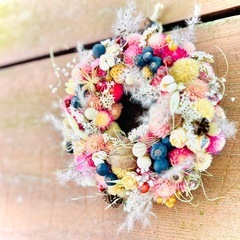 お花と木の実の鳥の巣風リース　ドライフラワー　素材　　　クリスマスリース　キャンドルリース　キャンドル　インテリア　スワッグの画像